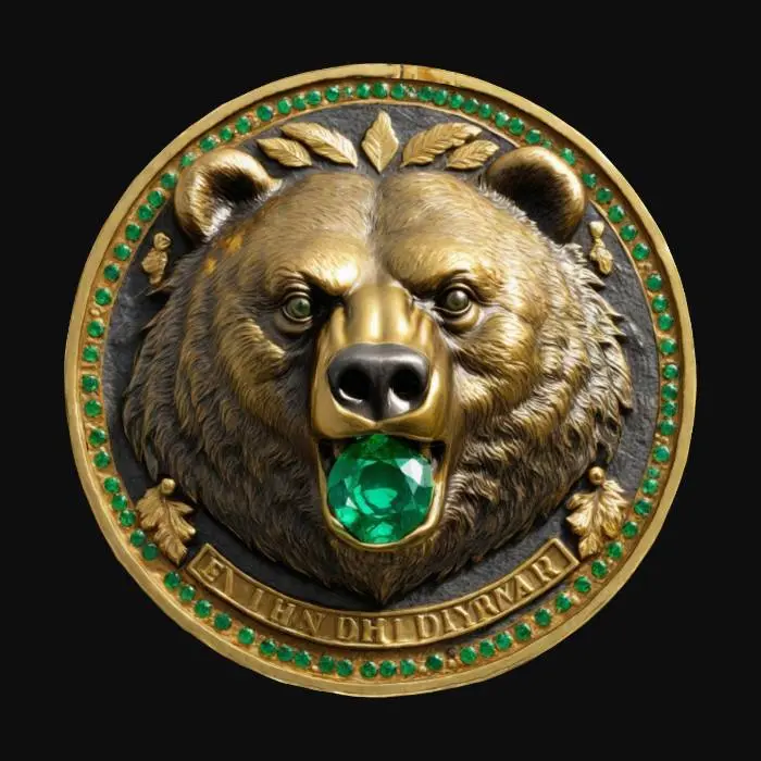 3D model for #emblem#,  A large Coin with the head of a bear holding an emerald in its mouth, highly detailed fur, gold coin, with the text "Ursus" "Incarnate" around the edge of the coin, bronze fur, 