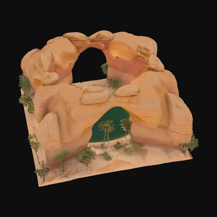 3D model for A large sandstone arch, HDR, Landscape, sand dune desert, Hidden oasis, Lake