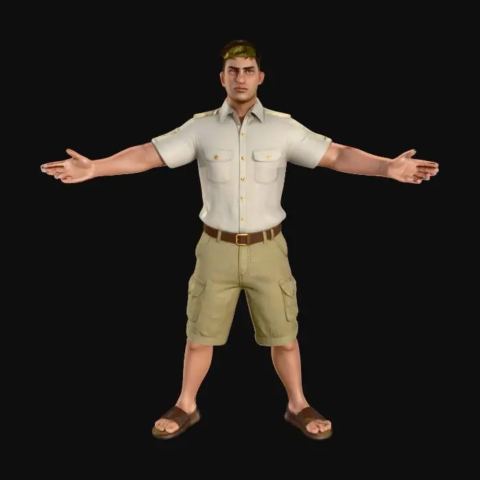 3D model for A medium Height Man, wearing a button down shirt and Khaki cargo shorts with a gold fabric ball cap, highly detailed fabric textures, detailed face, HDR