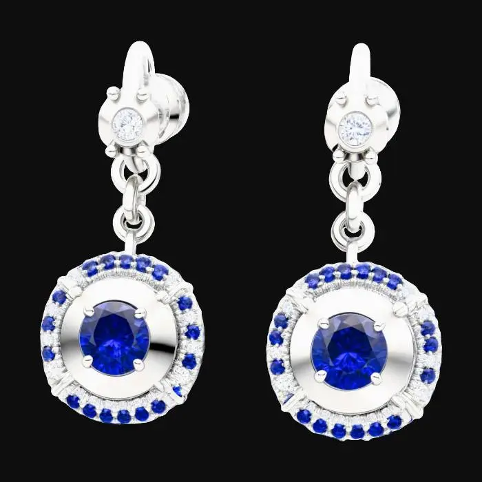 3D model for A pair of screw-back blue sapphire and sterling silver stud earrings with moissanite accent gemstones, HDR, Highly Detailed, Modern style, double halo setting