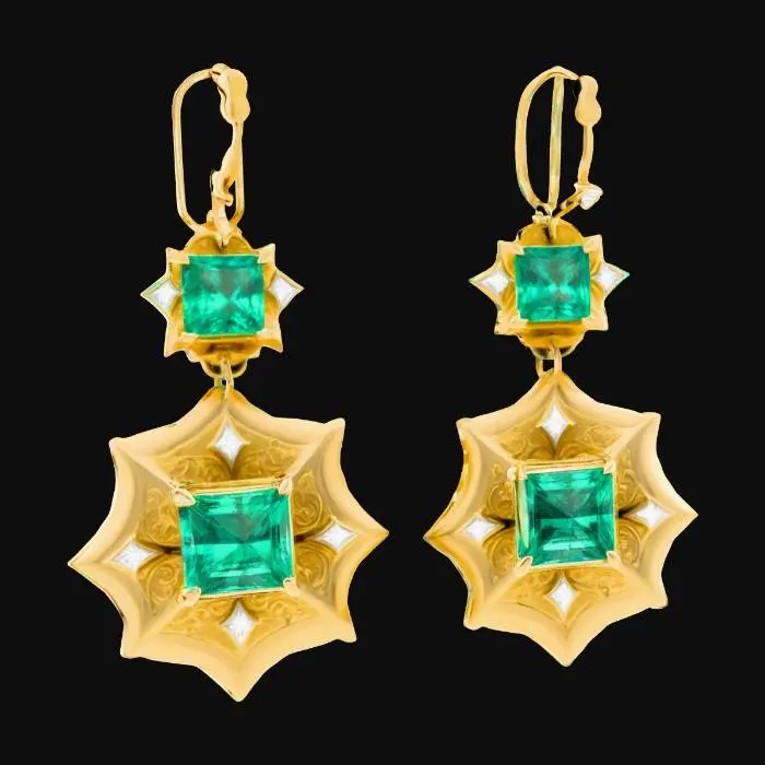 3D model for A pair of screw-back princess cut emerald and 18k gold earrings, HDR, Highly Detailed, Modern vintage style