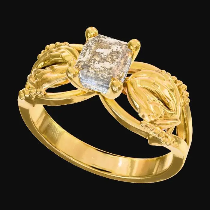 3D model for This unique two-tone ring, blending polished yellow and white gold, prominently displays a warm, golden princess-cut diamond. The split shank comprises two distinct strands, one yellow and one white, that softly braid and intertwine, culminating in a subtle twist before ascending to the central setting. Its varied metallic luster and smooth, interlocked texture offer a visually and tactilely engaging piece.