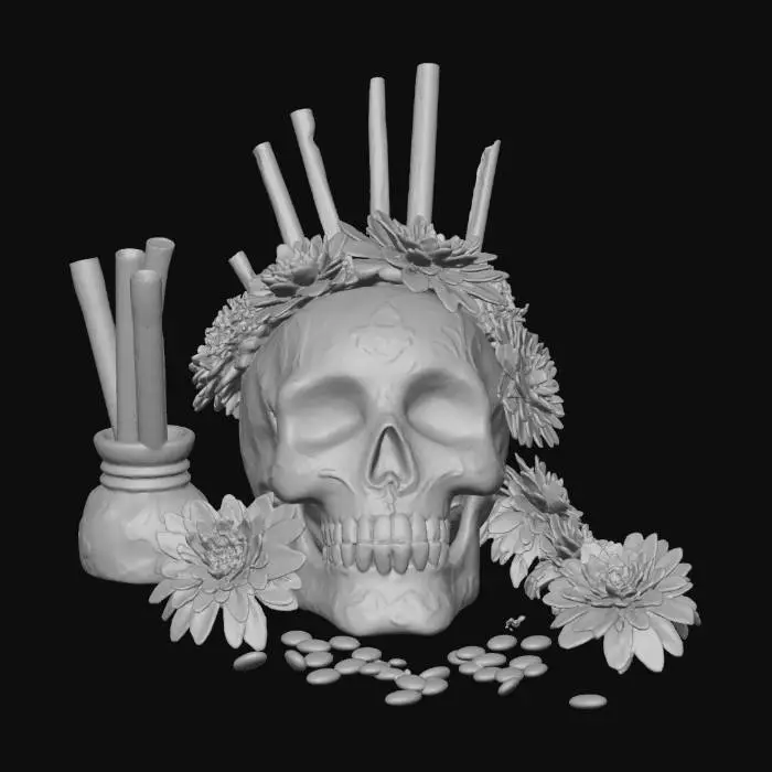 3D model for #Halloween2025#, An elaborate Dia de los Muertos alter stands, meticulously arranged. Multicolored sugar skulls and vibrant, glossy candies are stacked alongside plush, velvety marigold blooms in brilliant orange and gold. Slender, unlit incense sticks, dark and fragrant, stand upright, some with delicate ash residue. Soft, golden-brown Pan de Muertos, adorned with delicate bone-shaped dough, forms a comforting base. The collective textures range from sugary grit to petal softness and the airy crumb of bread.