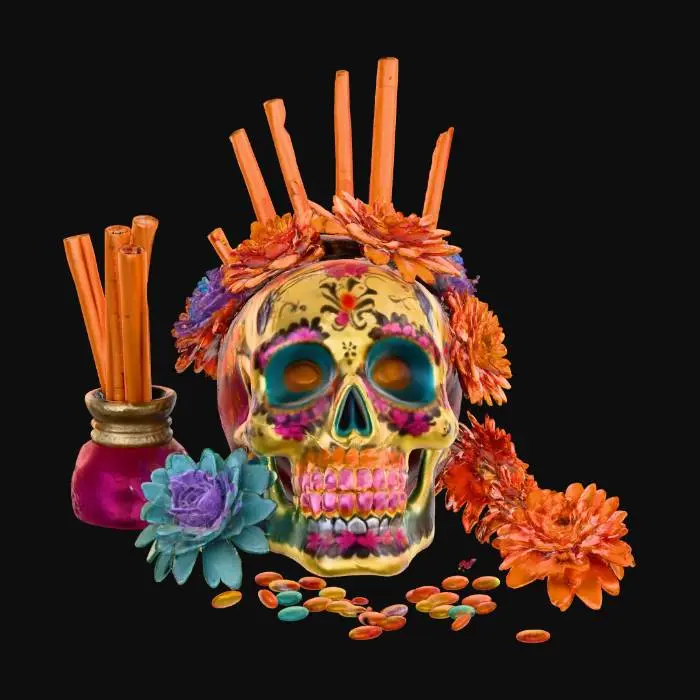 3D model for #Halloween2025#, An elaborate Dia de los Muertos alter stands, meticulously arranged. Multicolored sugar skulls and vibrant, glossy candies are stacked alongside plush, velvety marigold blooms in brilliant orange and gold. Slender, unlit incense sticks, dark and fragrant, stand upright, some with delicate ash residue. Soft, golden-brown Pan de Muertos, adorned with delicate bone-shaped dough, forms a comforting base. The collective textures range from sugary grit to petal softness and the airy crumb of bread.