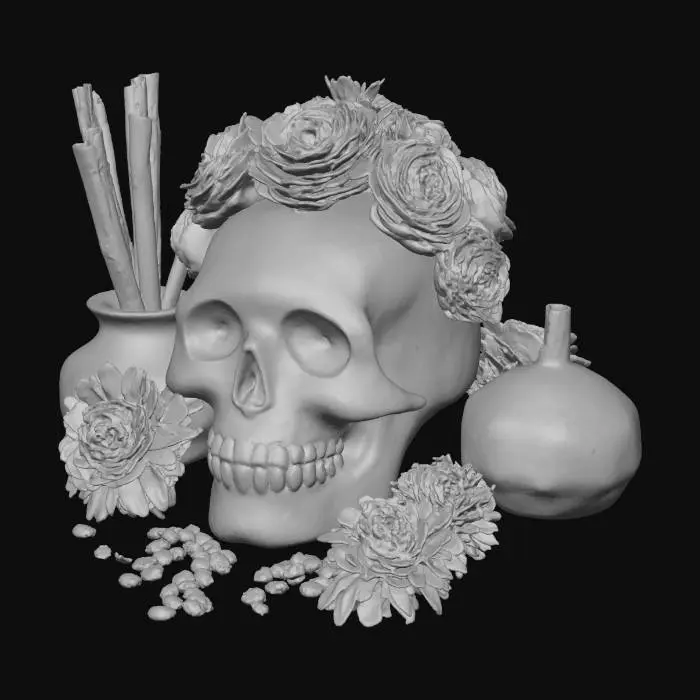 3D model for #Halloween2025#, An elaborate Dia de los Muertos alter stands, meticulously arranged. Multicolored sugar skulls and vibrant, glossy candies are stacked alongside plush, velvety marigold blooms in brilliant orange and gold. Slender, unlit incense sticks, dark and fragrant, stand upright, some with delicate ash residue. Soft, golden-brown Pan de Muertos, adorned with delicate bone-shaped dough, forms a comforting base. The collective textures range from sugary grit to petal softness and the airy crumb of bread.