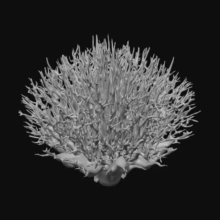 3D model for An elaborate coral fan formation, incredibly intricate with delicate, branching structures, displays a stony yet organic texture. Its underside shimmers with a slick, iridescent play of deep blues, greens, and purples. The top surface radiates with vibrant pastel orange and delicate pink coloration, appearing rough and porous. The overall structure is complex, combining a hard, calcified feel with gracefully undulating, sensitive forms.