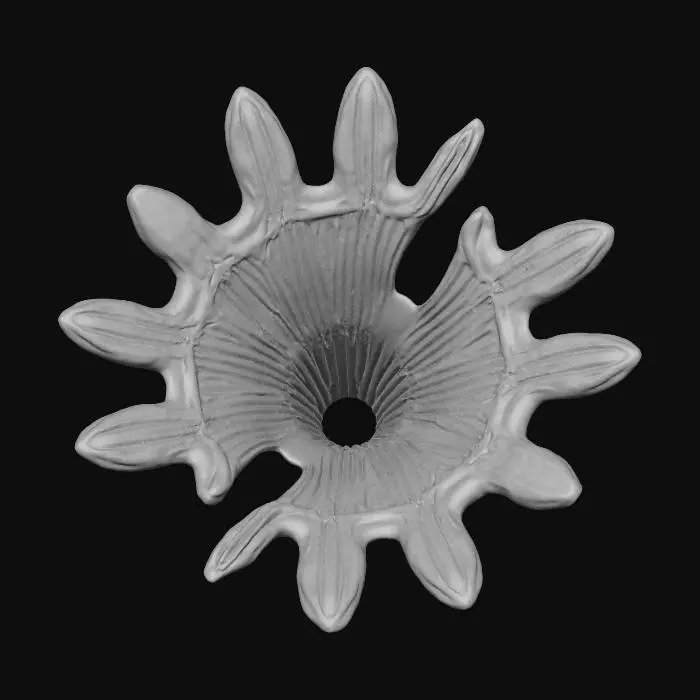 3D model for An elaborate Fan Coral, featuring a wide, delicate, lattice-like structure. Its rough, porous surface on top glows with vibrant shades of orange and deep red. The underside reveals a smooth, iridescent sheen, shifting through dazzling blues, greens, and purples, giving it a slick, almost liquid appearance. This intricate, stony organism feels both fragile and rigid, a beautiful marine spectacle.