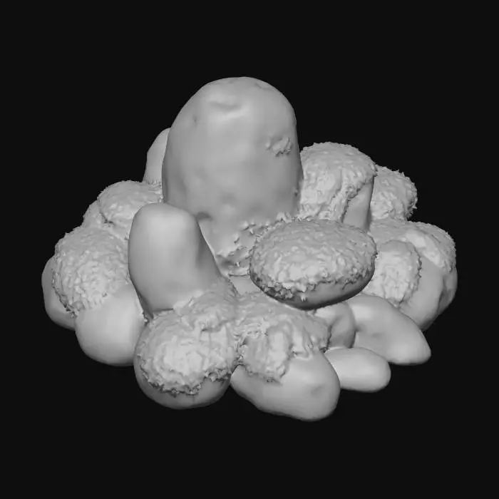 3D model for A small, natural cluster of boulders and rocks of varying sizes and irregular, angular shapes forms a compact pile. Each rock is composed of rough, grey-brown stone with visible iron stained mineral veins. They are heavily blanketed in a thick, vibrant green moss, giving them a soft, spongy, and slightly damp texture. The moss creates an organic, rounded overlay on the rugged stone.