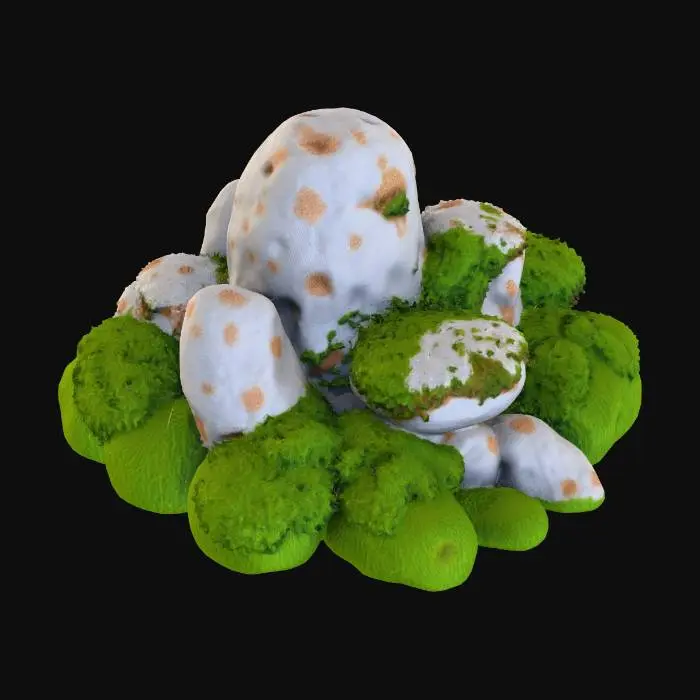 3D model for A small, natural cluster of boulders and rocks of varying sizes and irregular, angular shapes forms a compact pile. Each rock is composed of rough, grey-brown stone with visible iron stained mineral veins. They are heavily blanketed in a thick, vibrant green moss, giving them a soft, spongy, and slightly damp texture. The moss creates an organic, rounded overlay on the rugged stone.