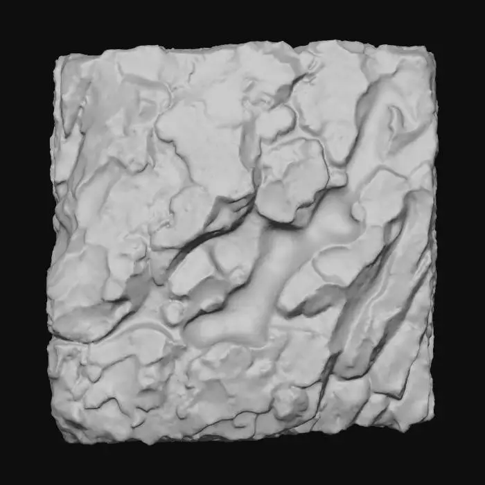 3D model for A small collection of raw ore veins dramatically exposes itself on a group of large, craggy boulders. The boulders are rough, dark grey granite, displaying an uneven, weathered texture. The ore veins, sharply contrasting, are composed of shimmering metallic gold and deep Copper crystalline minerals, appearing fractured and embedded within the stone. Their linear structure cuts through the rock, presenting a hard, uneven, and cold tactile quality.