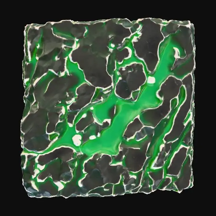 3D model for A small collection of raw ore veins dramatically exposes itself on a group of large, craggy boulders. The boulders are rough, dark grey granite, displaying an uneven, weathered texture. The ore veins, sharply contrasting, are composed of shimmering metallic gold and deep Copper crystalline minerals, appearing fractured and embedded within the stone. Their linear structure cuts through the rock, presenting a hard, uneven, and cold tactile quality.