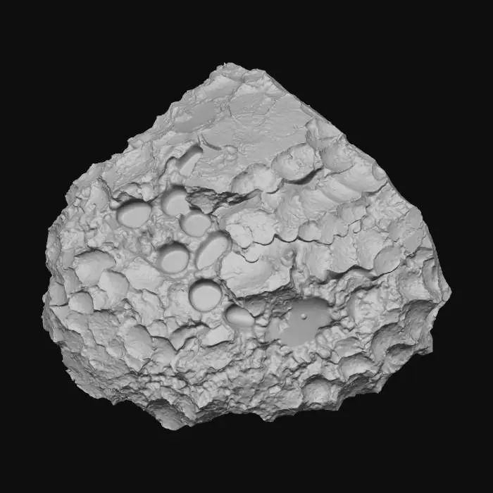 3D model for A small collection of raw ore veins dramatically exposes itself on a group of large, craggy boulders. The boulders are rough, dark grey granite, displaying an uneven, weathered texture. The ore veins, sharply contrasting, are composed of shimmering metallic gold and deep Copper crystalline minerals, appearing fractured and embedded within the stone. Their linear structure cuts through the rock, presenting a hard, uneven, and cold tactile quality.