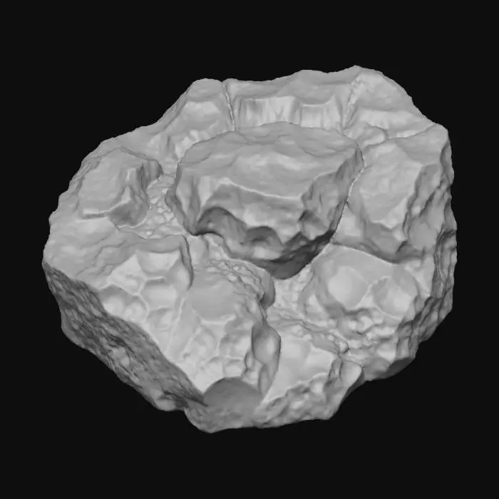 3D model for A small collection of raw ore veins dramatically exposes itself on a group of large, craggy boulders. The boulders are rough, dark grey granite, displaying an uneven, weathered texture. The ore veins, sharply contrasting, are composed of shimmering metallic gold and deep Copper crystalline minerals, appearing fractured and embedded within the stone. Their linear structure cuts through the rock, presenting a hard, uneven, and cold tactile quality.