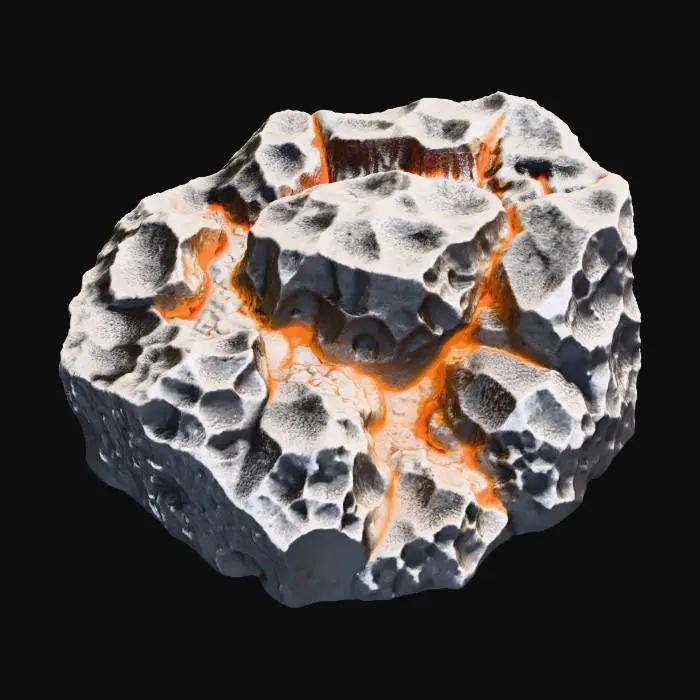 3D model for A small collection of raw ore veins dramatically exposes itself on a group of large, craggy boulders. The boulders are rough, dark grey granite, displaying an uneven, weathered texture. The ore veins, sharply contrasting, are composed of shimmering metallic gold and deep Copper crystalline minerals, appearing fractured and embedded within the stone. Their linear structure cuts through the rock, presenting a hard, uneven, and cold tactile quality.