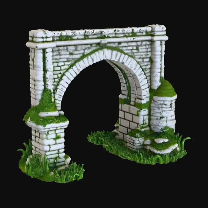 3D model for A sturdy medieval stone bridge, crafted from large, rough-hewn grey granite blocks, showcases impressive layered arch work. Its surface displays a weathered, uneven texture, with subtle moss and grime clinging to crevices. Multiple gracefully curved arches are stacked in receding layers, forming a robust and intricate structure. The bridge evokes a sense of ancient strength, with a solid, cool, and rugged tactile quality. two arches side by side add a bit of distance.