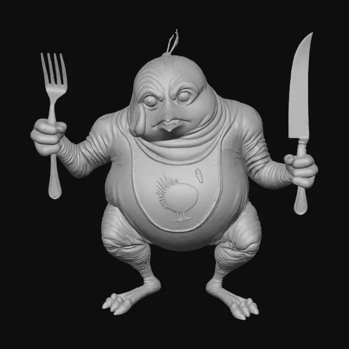 3D model for #Thanksgiving#, A golden-brown, perfectly roasted turkey stands upright on its thick legs, exuding a crispy, slightly glistening skin texture. It comically holds a sleek silver fork in one wing and a matching knife in the other. Around its neck, a soft, white fabric bib, humorously printed with a small turkey graphic, drapes. Its plump, sculpted form gives it a unique, anthropomorphic character, appearing both cooked and playfully alive.
