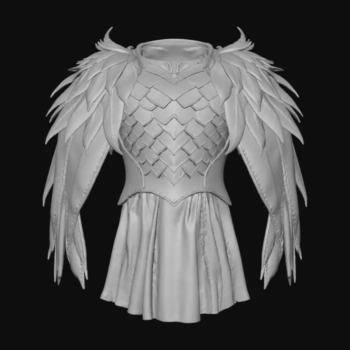 3D model for A formidable shoulder pauldron crafted from deep lavender, scaled draconic leather, meticulously textured with overlapping, semi-glossy scales. Integrated into its padding structure are vibrant phoenix feathers, glowing with fiery oranges and golds, cascading along its edge. The leather has a robust, slightly worn appearance, while the feathers are soft and flowing. This unique piece combines hard, scaly leather with delicate, warm feathers, creating a visually striking and contrasting tactile sensation.
