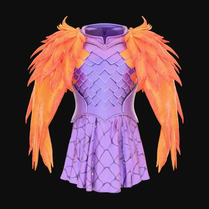 3D model for A formidable shoulder pauldron crafted from deep lavender, scaled draconic leather, meticulously textured with overlapping, semi-glossy scales. Integrated into its padding structure are vibrant phoenix feathers, glowing with fiery oranges and golds, cascading along its edge. The leather has a robust, slightly worn appearance, while the feathers are soft and flowing. This unique piece combines hard, scaly leather with delicate, warm feathers, creating a visually striking and contrasting tactile sensation.