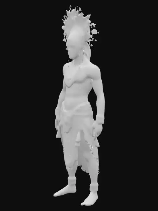 3D model for A highly detailed 16th-century Spanish man transformed into a full Maya warrior. His body is covered in dark tribal paints, with vibrant jade jewelry and feathers adorning his headdress. His skin is a natural tone with visible tattoos. He  wears traditional Maya clothing, . The model should include realistic skin textures, high-resolution body paint, and accurate Maya clothing textures. Please ensure the model is UV unwrapped, with embedded textures, game-ready, no watermark, no text.