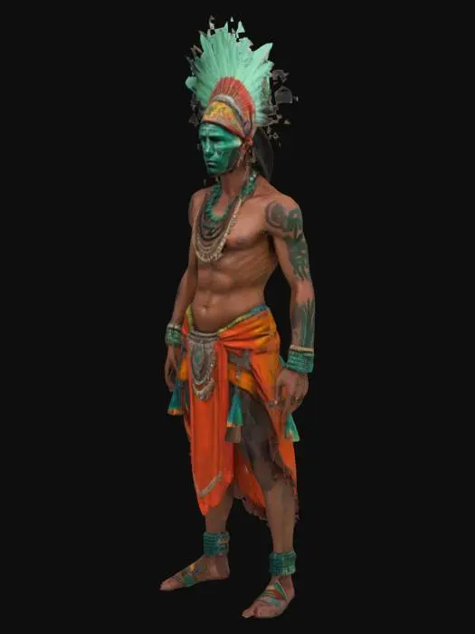 3D model for A highly detailed 16th-century Spanish man transformed into a full Maya warrior. His body is covered in dark tribal paints, with vibrant jade jewelry and feathers adorning his headdress. His skin is a natural tone with visible tattoos. He  wears traditional Maya clothing, . The model should include realistic skin textures, high-resolution body paint, and accurate Maya clothing textures. Please ensure the model is UV unwrapped, with embedded textures, game-ready, no watermark, no text.