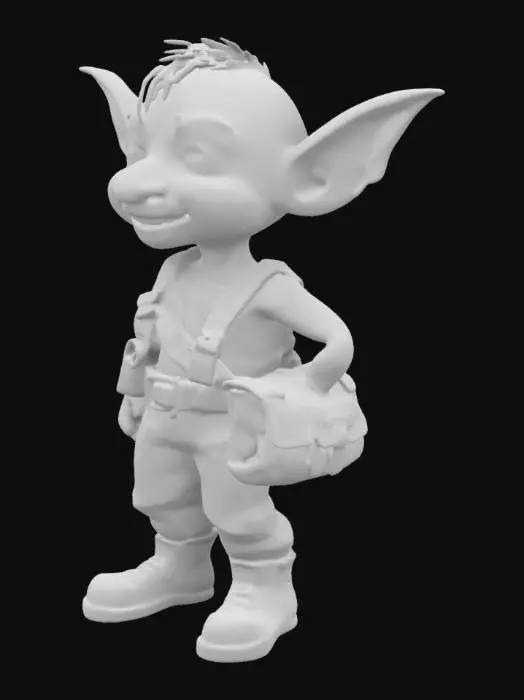3D model for Cartoon stylized Goblin worker. 
He should look friendly and fun.
He should have a slighter larger head than body, but not extreamly big.
He is wearing trowsers with a belt, black boots and a leather satchel across his body. He is not wearing anythin on his head or torso