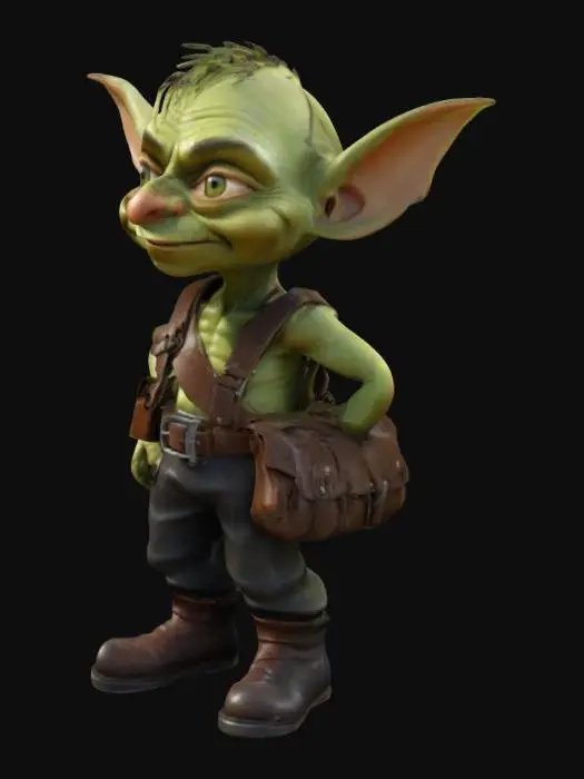 3D model for Cartoon stylized Goblin worker. 
He should look friendly and fun.
He should have a slighter larger head than body, but not extreamly big.
He is wearing trowsers with a belt, black boots and a leather satchel across his body. He is not wearing anythin on his head or torso