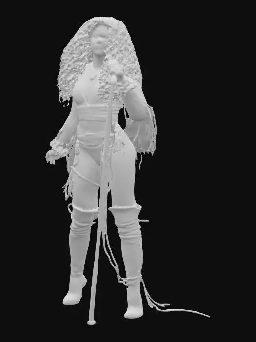 3D model for A full-body digital character of a female singer with curly long hair, wearing a glamorous and artistic stage outfit made of metallic and fabric elements with decorative hanging details. She's standing on stage holding a microphone, looking expressive and powerful, with a confident stage presence. Outfit features asymmetry, bold accessories, and high boots. White background. High detail.