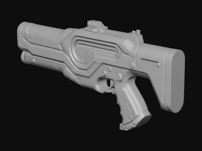 3D model for A low-poly, game-ready sci-fi plasma rifle with a clean, stylized design.

Color palette limited to three colors:
Primary color: matte dark gray metal body.
Secondary color: desaturated teal panels for visual contrast.
Accent color: soft glowing cyan energy core and small indicator details.

The weapon has a compact blocky shape, thick geometry, and simplified hard-surface forms.
Single barrel with an exposed energy chamber near the center.
No excessive fine details, no cables, no text, no logos.

Surface detail comes from textures, not geometry.
Clean topology, optimized polycount for real-time use.
Single material, PBR workflow.
Suitable for FPS, sci-fi, and indie games.