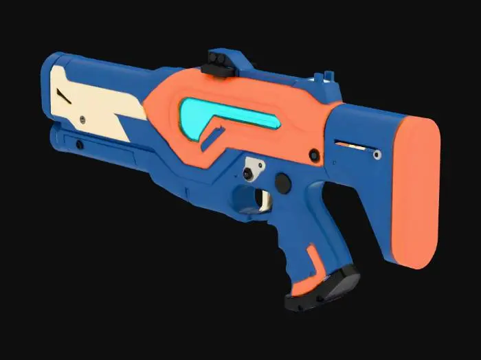 3D model for A low-poly, game-ready sci-fi plasma rifle with a clean, stylized design.

Color palette limited to three colors:
Primary color: matte dark gray metal body.
Secondary color: desaturated teal panels for visual contrast.
Accent color: soft glowing cyan energy core and small indicator details.

The weapon has a compact blocky shape, thick geometry, and simplified hard-surface forms.
Single barrel with an exposed energy chamber near the center.
No excessive fine details, no cables, no text, no logos.

Surface detail comes from textures, not geometry.
Clean topology, optimized polycount for real-time use.
Single material, PBR workflow.
Suitable for FPS, sci-fi, and indie games.