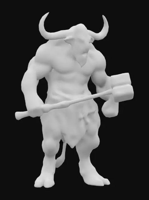 3D model for Big scary minotaur with nake body and rag as his belt, with full right horn and broken left horn and holds big hammer in his arms
