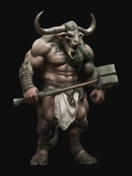 3D model for Big scary minotaur with nake body and rag as his belt, with full right horn and broken left horn and holds big hammer in his arms
