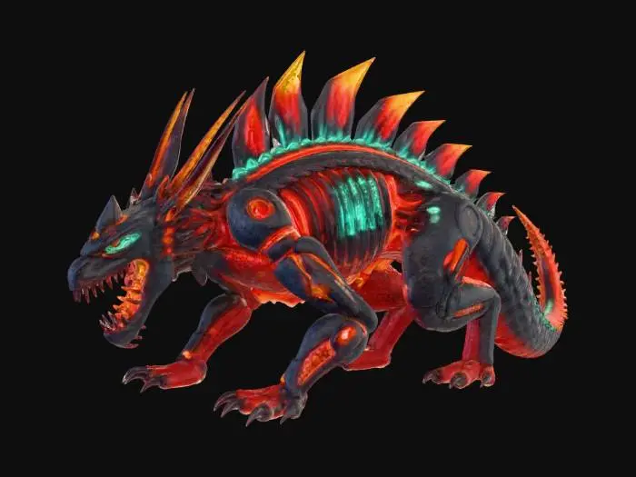 3D model for a beautiful marked beast cut in half up to the middle, glowy metal like