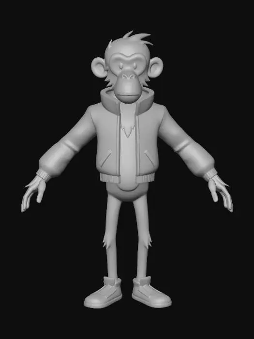 3D model for A high-quality 2D vector art illustration of a Monkey McFly (film ala Back to the Future scene), designed in the iconic art style of 'The Curse of Monkey Island' by LucasArts. The character has a simplified, clean cartoon aesthetic with bold, expressive lines and a slightly lanky physique. Monkey McFly is wearing his futuristic self-adjusting jacket and glowing sneakers. Background: A minimalist, flat-color 3D futuristic Hill Valley with simple geometric shapes and clear angles. Lighting: Clean cel-shading with no gradients. Composition: Full body shot, 45-degree angle view, sharp focus, vibrant but solid colors.