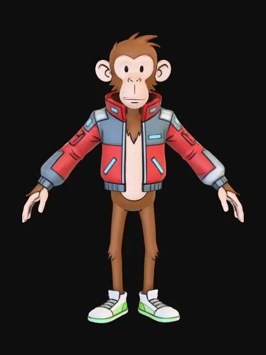 3D model for A high-quality 2D vector art illustration of a Monkey McFly (film ala Back to the Future scene), designed in the iconic art style of 'The Curse of Monkey Island' by LucasArts. The character has a simplified, clean cartoon aesthetic with bold, expressive lines and a slightly lanky physique. Monkey McFly is wearing his futuristic self-adjusting jacket and glowing sneakers. Background: A minimalist, flat-color 3D futuristic Hill Valley with simple geometric shapes and clear angles. Lighting: Clean cel-shading with no gradients. Composition: Full body shot, 45-degree angle view, sharp focus, vibrant but solid colors.
