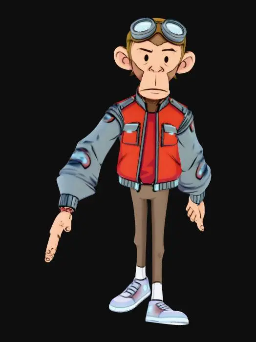 3D model for A high-quality 2D vector art illustration of a Monkey McFly (film ala Back to the Future scene), designed in the iconic art style of 'The Curse of Monkey Island' by LucasArts. The character has a simplified, clean cartoon aesthetic with bold, expressive lines and a slightly lanky physique. Monkey McFly is wearing his futuristic self-adjusting jacket and glowing sneakers. Background: A minimalist, flat-color 3D futuristic Hill Valley with simple geometric shapes and clear angles. Lighting: Clean cel-shading with no gradients. Composition: Full body shot, 45-degree angle view, sharp focus, vibrant but solid colors.