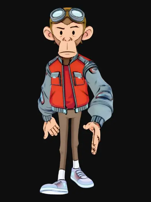 3D model for A high-quality 2D vector art illustration of a Monkey McFly (film ala Back to the Future scene), designed in the iconic art style of 'The Curse of Monkey Island' by LucasArts. The character has a simplified, clean cartoon aesthetic with bold, expressive lines and a slightly lanky physique. Monkey McFly is wearing his futuristic self-adjusting jacket and glowing sneakers. Background: A minimalist, flat-color 3D futuristic Hill Valley with simple geometric shapes and clear angles. Lighting: Clean cel-shading with no gradients. Composition: Full body shot, 45-degree angle view, sharp focus, vibrant but solid colors.