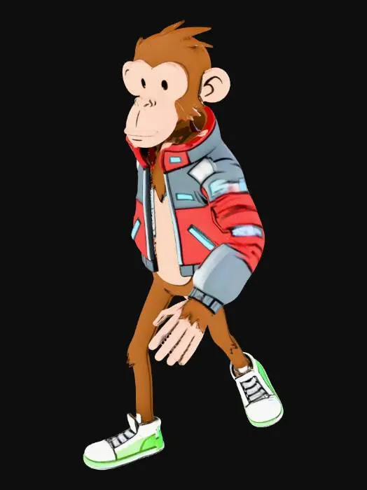 3D model for A high-quality 2D vector art illustration of a Monkey McFly (film ala Back to the Future scene), designed in the iconic art style of 'The Curse of Monkey Island' by LucasArts. The character has a simplified, clean cartoon aesthetic with bold, expressive lines and a slightly lanky physique. Monkey McFly is wearing his futuristic self-adjusting jacket and glowing sneakers. Background: A minimalist, flat-color 3D futuristic Hill Valley with simple geometric shapes and clear angles. Lighting: Clean cel-shading with no gradients. Composition: Full body shot, 45-degree angle view, sharp focus, vibrant but solid colors.