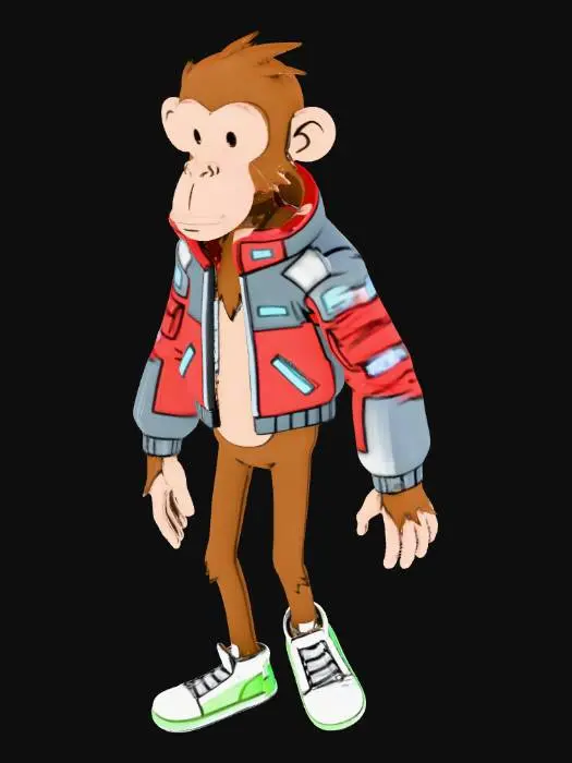 3D model for A high-quality 2D vector art illustration of a Monkey McFly (film ala Back to the Future scene), designed in the iconic art style of 'The Curse of Monkey Island' by LucasArts. The character has a simplified, clean cartoon aesthetic with bold, expressive lines and a slightly lanky physique. Monkey McFly is wearing his futuristic self-adjusting jacket and glowing sneakers. Background: A minimalist, flat-color 3D futuristic Hill Valley with simple geometric shapes and clear angles. Lighting: Clean cel-shading with no gradients. Composition: Full body shot, 45-degree angle view, sharp focus, vibrant but solid colors.