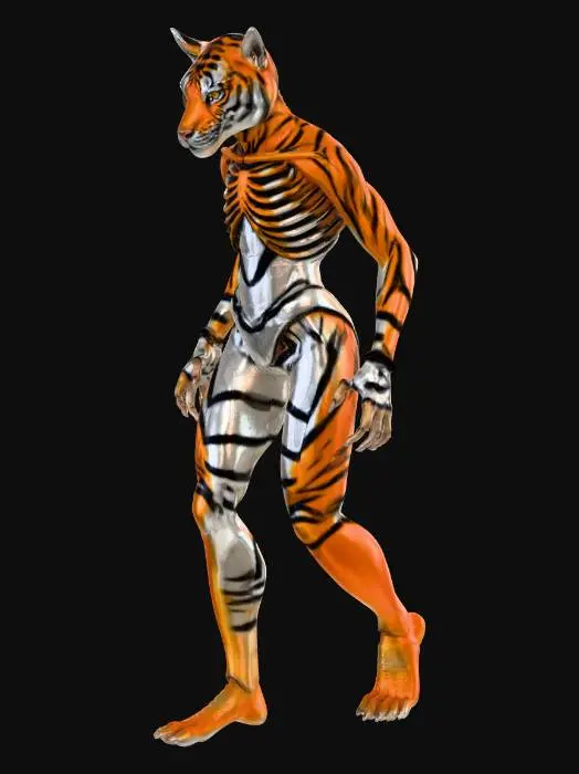 3D model for a walking eye of the tiger animal deserted left behind, lonesome but very handsome and attractive glowy insight