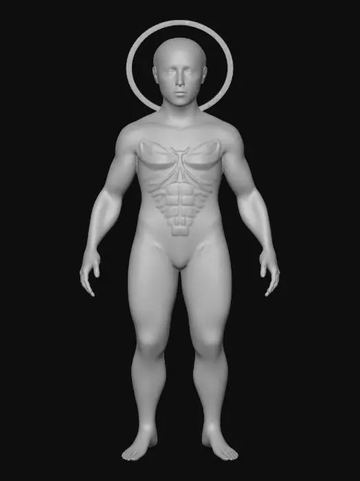 3D model for a see through bubble man inside seen bioluminescent, contoured with sun rays