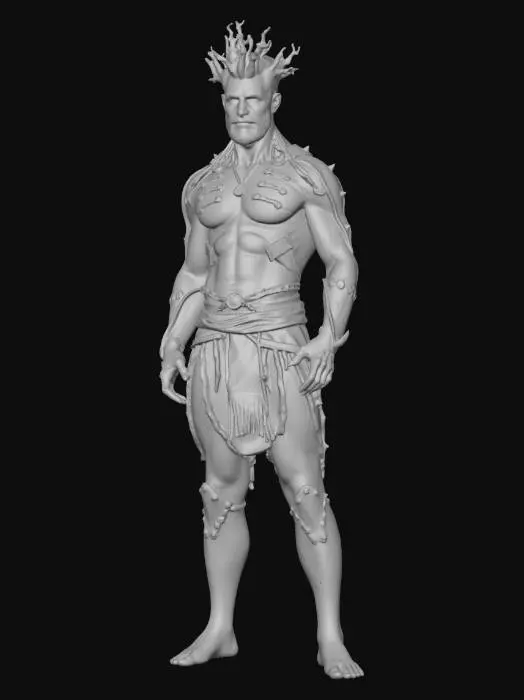 3D model for a beautiful man covered in barked tree and metal studs, very sturdy, canvas based look, ancient and wasted
