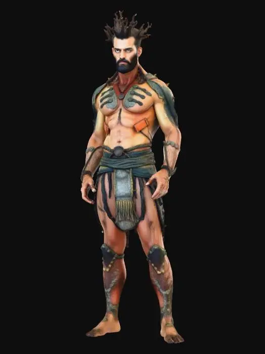 3D model for a beautiful man covered in barked tree and metal studs, very sturdy, canvas based look, ancient and wasted