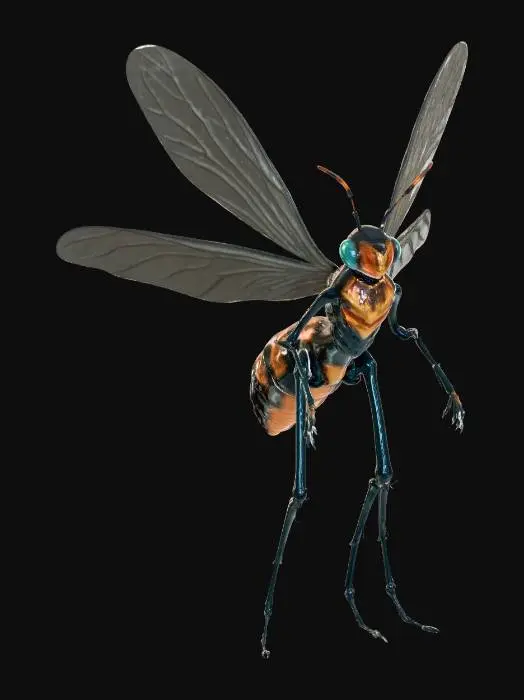 3D model for a giga insected humanoid, wasp like however human beutifully mixed as if DNA is completely entangled bioluminescent