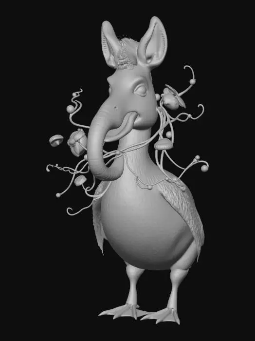 3D model for a donkey duck creature with elephants mouth bioluminescent entangled with plants