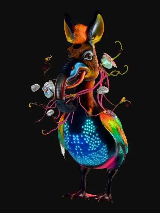 3D model for a donkey duck creature with elephants mouth bioluminescent entangled with plants