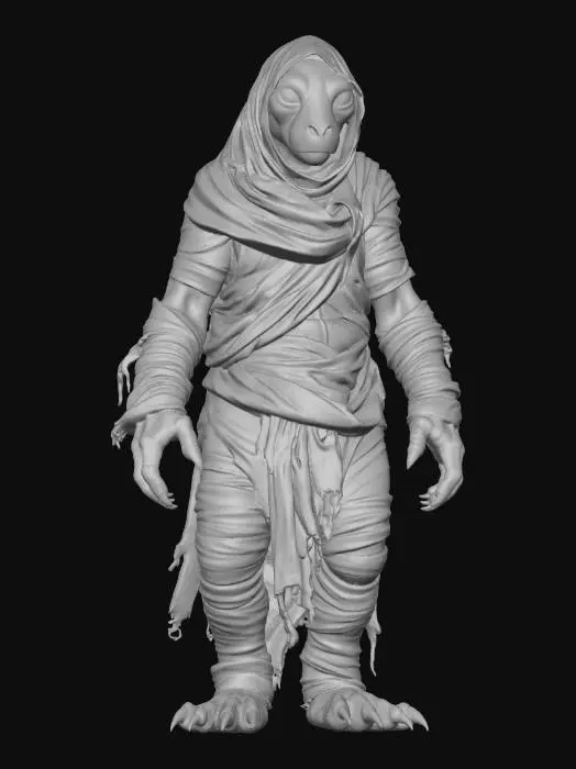 3D model for a mummy like animal where only big megalithic eyes are seen through lit