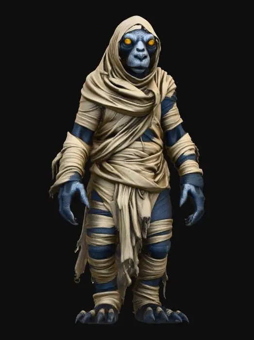 3D model for a mummy like animal where only big megalithic eyes are seen through lit