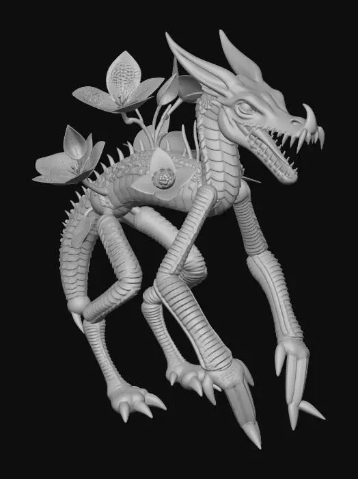 3D model for a walking tooth like animal with coils as leg, plant inspired being