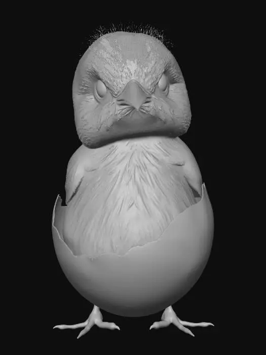 3D model for a baby bird connected and popping out of the egg shell on top of the head and surrounding its feet very fluffy
