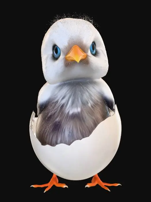 3D model for a baby bird connected and popping out of the egg shell on top of the head and surrounding its feet very fluffy